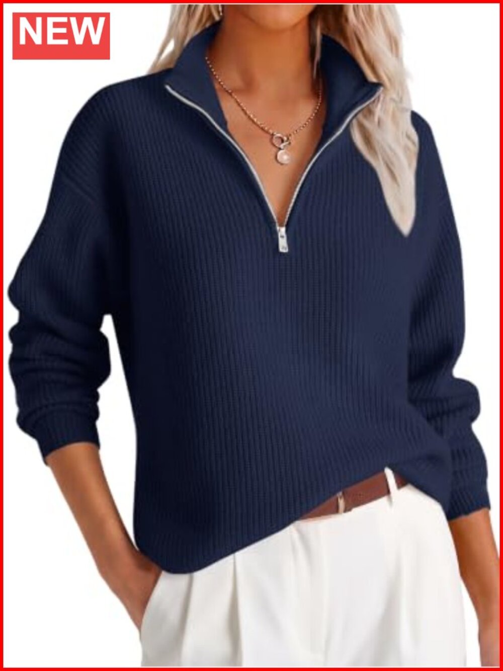 Womens Cropped Quarter Zip Pullover Sweater Loose Knit Long Sleeve
